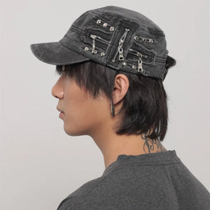 Vintage Rivet Hip Hop Punk Zippers Baseball Cap Men Women Ripped Hole Distressed Hat Washed Retro Flat Cap