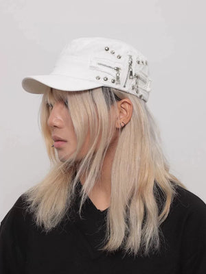 Vintage Rivet Hip Hop Punk Zippers Baseball Cap Men Women Ripped Hole Distressed Hat Washed Retro Flat Cap