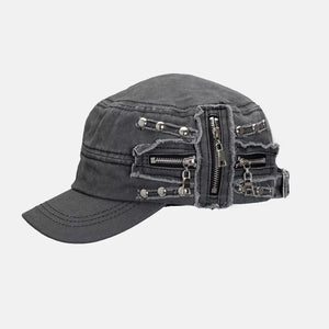 Vintage Rivet Hip Hop Punk Zippers Baseball Cap Men Women Ripped Hole Distressed Hat Washe - Dark Grey
