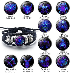 Zodiac Glow Y2K Bracelet chart showing all twelve sign cabochons with their names and birth dates
