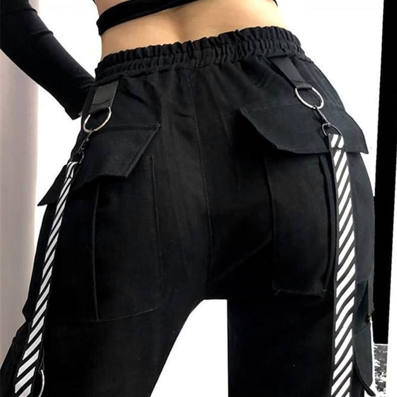 Women High Waist Casual Pants Cool Cargo Pants Streetwear Loose Girls Punk  Black White Sports Pants Female Trousers Black M