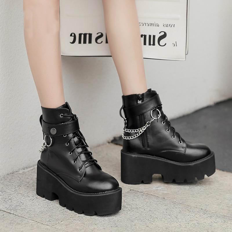 Women's Black Gothic High Heel Ankle Boots, Sexy Chain Punk Style