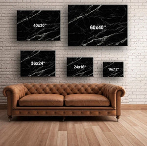 Canvas size guide: five print sizes from 16x12 to 60x40 inches, shown above a sofa to scale