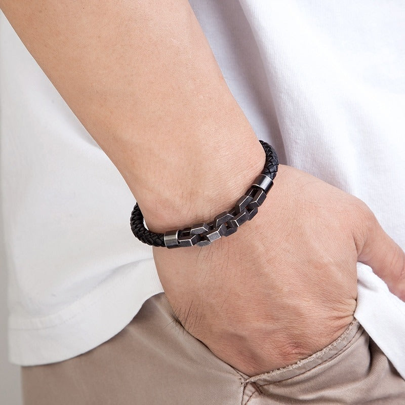 Black Leather Bracelet Hybrid Fusion Silver - Shop online